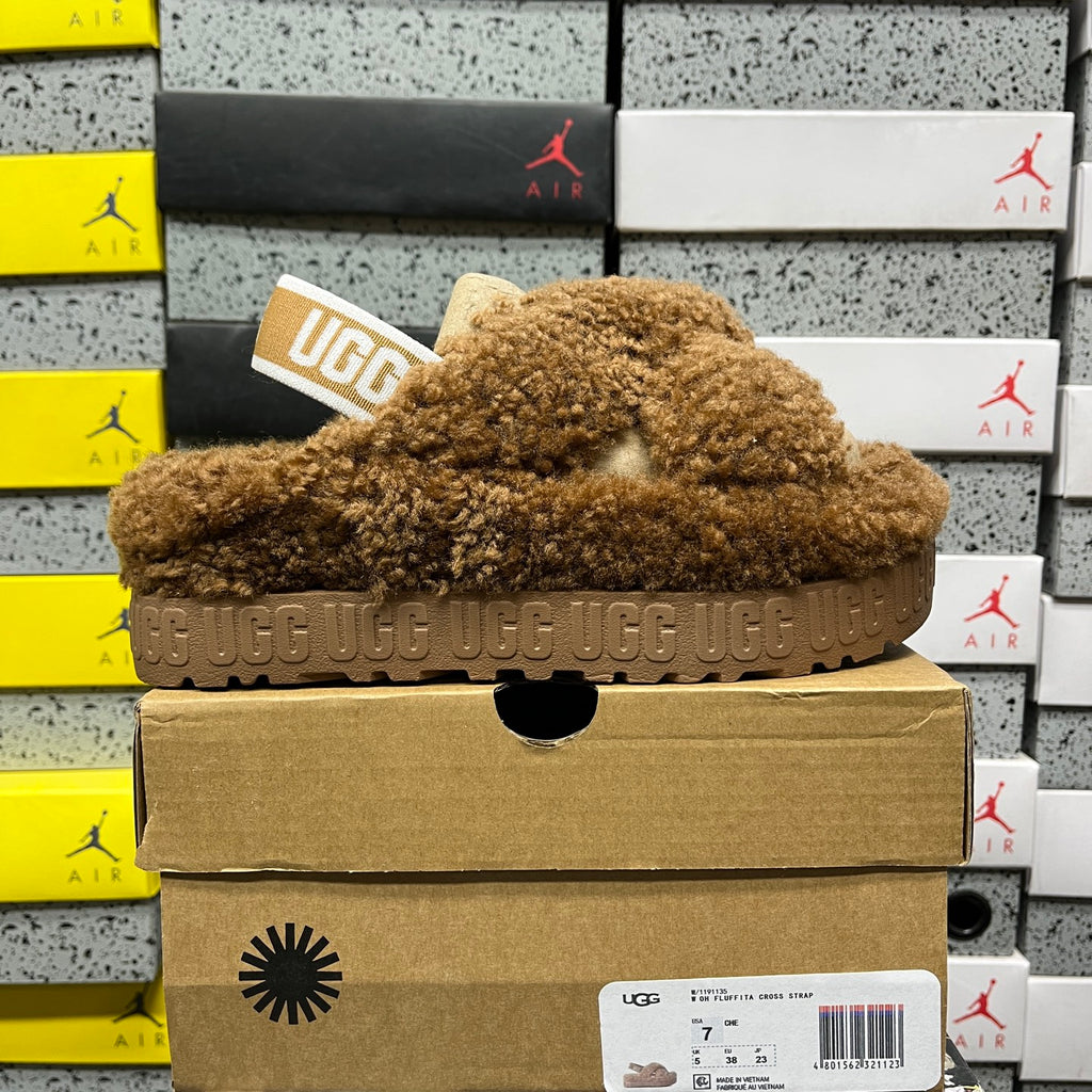 UGG Fluffy Cross-Strap Platform Slippers – Chestnut | 1191135
