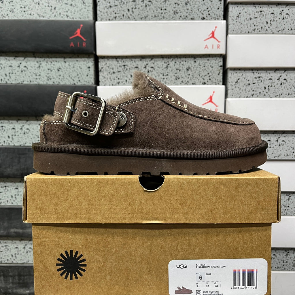 UGG Buckle-Strap Clogs – Dark Brown